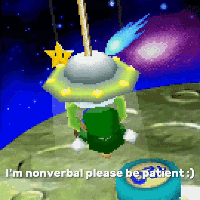 a pixel art of a person in a spaceship with the words i 'm nonverbal please be patient