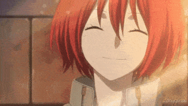 a close up of a red haired anime character with the word love original written below her