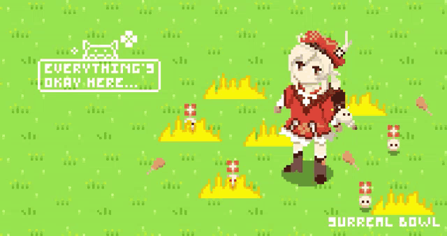 a pixel art illustration of a girl standing in a field with a sign that says everything 's okay here