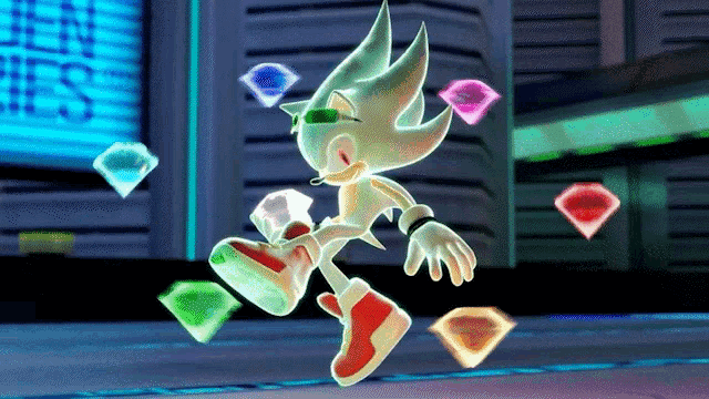 a sonic the hedgehog is surrounded by gems and a sign that says len ries