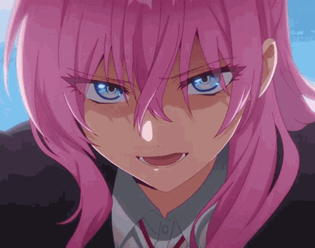 a girl with pink hair and blue eyes has a very angry look on her face