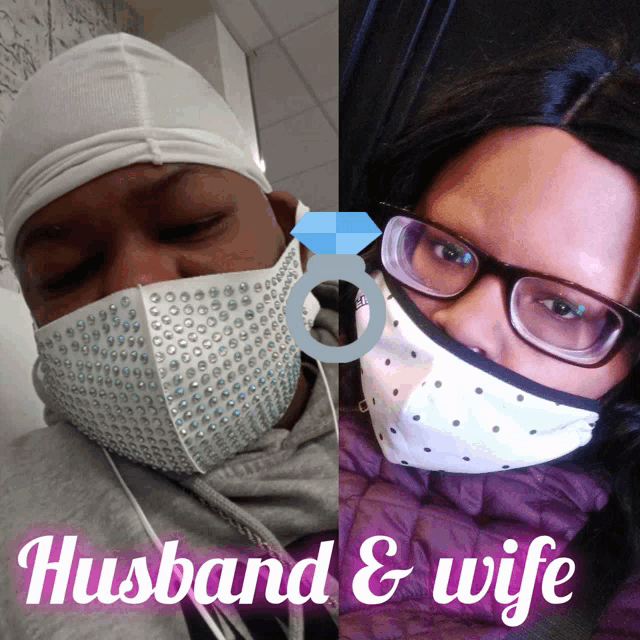 a man and a woman wearing face masks with the words husband and wife written below them
