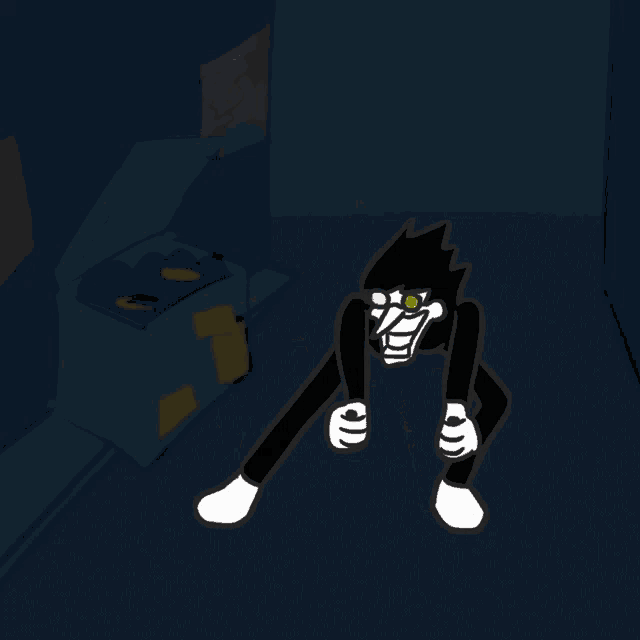a black and white cartoon character is standing in the dark