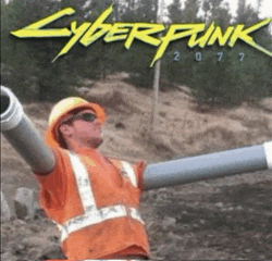 a man in a hard hat and safety vest is holding a pipe in front of a cyberpunk 2077 poster
