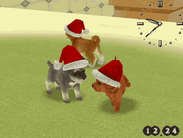 three puppies wearing santa hats are standing in front of a clock