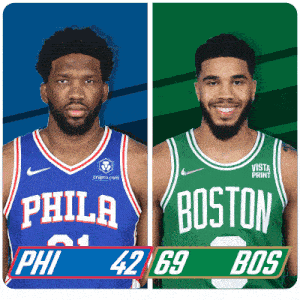 a philadelphia basketball player and a boston basketball player are shown side by side