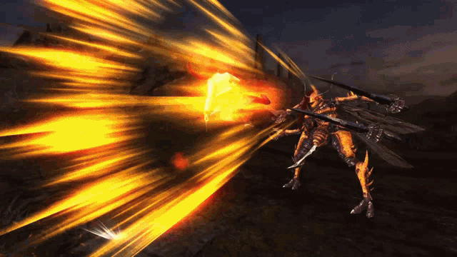 a video game character is holding a sword and a flamethrower