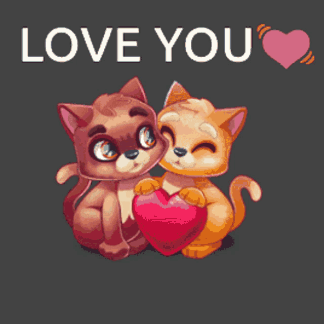two cartoon cats holding a heart with the words love you above them