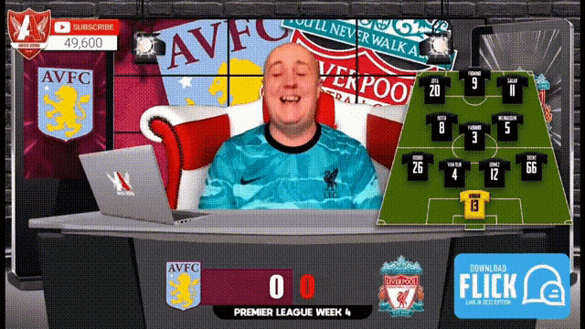 a man sits at a desk with a laptop in front of a screen that says ' premier league week 4 '