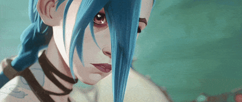 a close up of a woman with blue hair