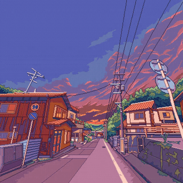 a pixel art drawing of a street with a sign that says ' no parking ' on it