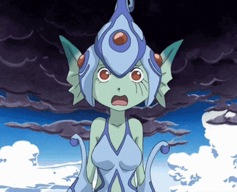 a cartoon character with a surprised look on her face is standing in front of a cloudy sky