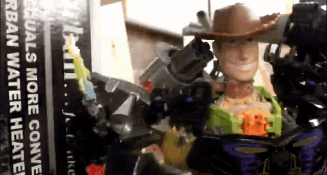 a toy story woody is standing in front of a sign that says equals more convey urban water heated