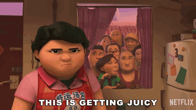 a cartoon character says " this is getting juicy " in front of a group of people
