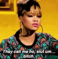 a woman is wearing hoop earrings and a headband and says they call me ho , slut um bitch .