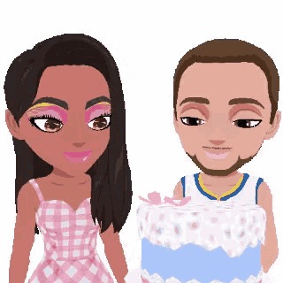 a man and a woman are standing next to each other with a cake in front of them