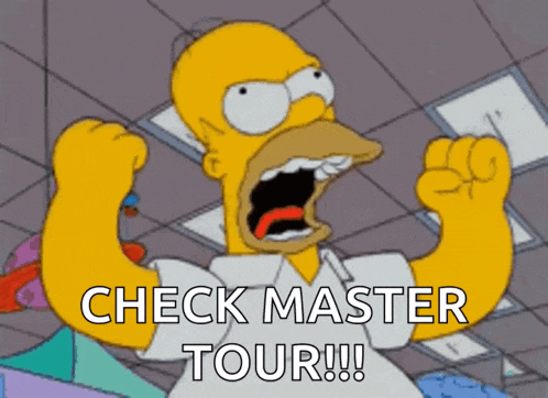 a cartoon of homer simpson with his mouth open and check master tour written below him