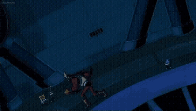 a cartoon character is standing in a dark room with the word kisscartoon on the bottom