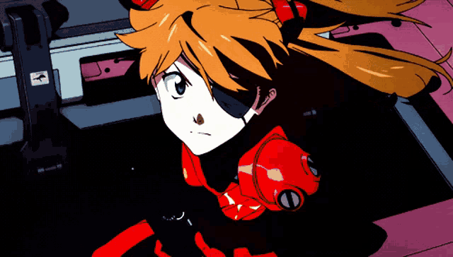 a cartoon of a girl in a red and black outfit with a black eye patch