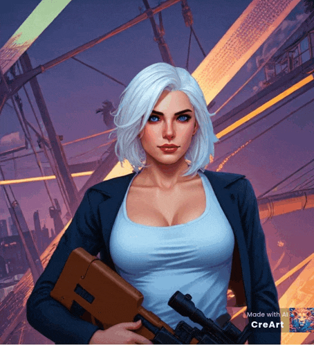 a woman with white hair and blue eyes is holding a sniper rifle with the words made with ai on the bottom