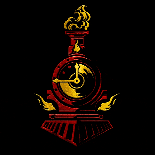 a red and yellow clock on a black background with flames coming out of it