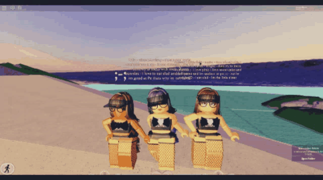 three girls are standing next to each other on a beach in a roblox game