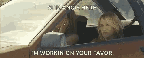a woman is sitting in the driver 's seat of a car and says i 'm workin on your favor .