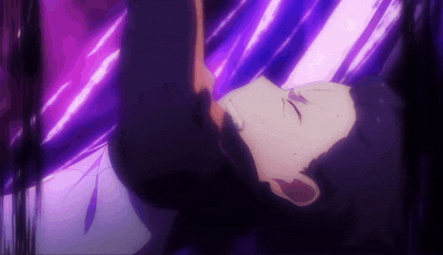 a man is laying on his back in a dark room with purple lights coming out of the ceiling .