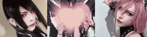a woman with pink hair is holding a pink heart