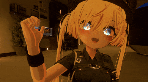 a girl with blonde hair and blue eyes is wearing a black shirt and a black hat