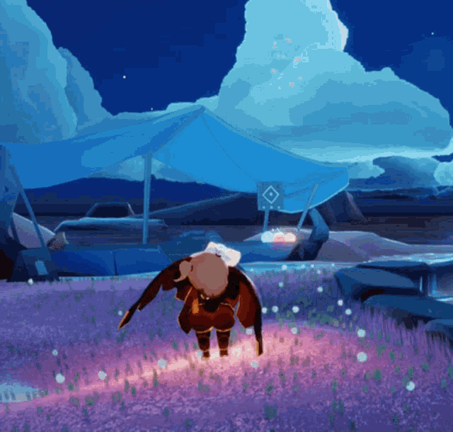 a cartoon character is standing in a field with a blue umbrella in the background