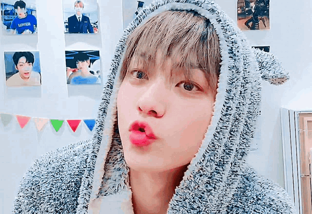 a young man wearing a hoodie with a rabbit ear on it
