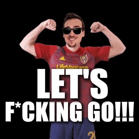 a man wearing sunglasses and a red shirt with the words let 's f * cking go