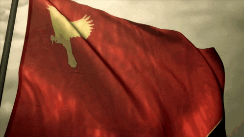 a red flag with a gold bird on it