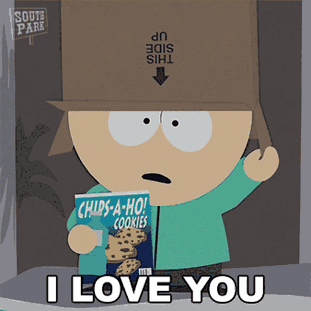a south park character holding a box of chips a ho cookies