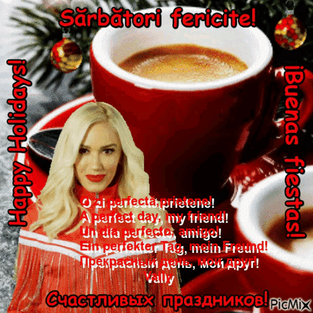 a picture of a woman and a cup of coffee with the words happy holidays