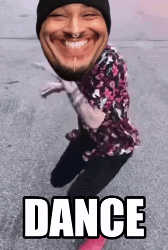 a man in a floral shirt is jumping in the air with the word dance below him