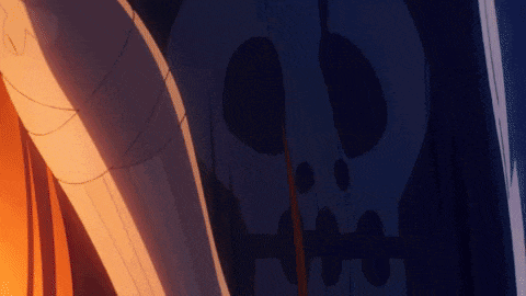 a cartoon drawing of a skull with a sword in its mouth