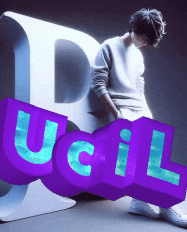 a man sits on a chair next to a purple sign that says " ucil "