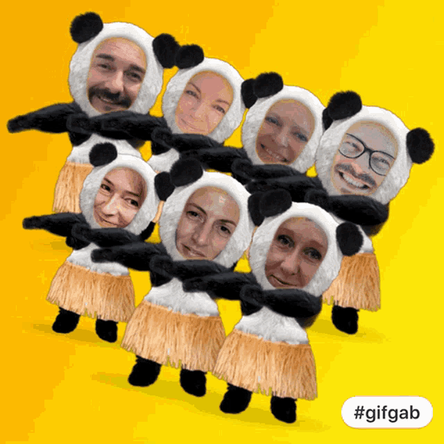 a group of people dressed in panda costumes are dancing together