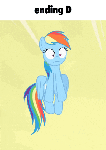 rainbow dash from my little pony is flying through the air with the words ending d above her
