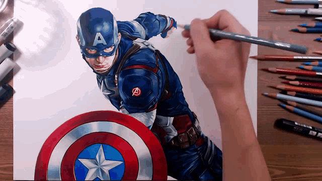 a person is drawing a picture of captain america