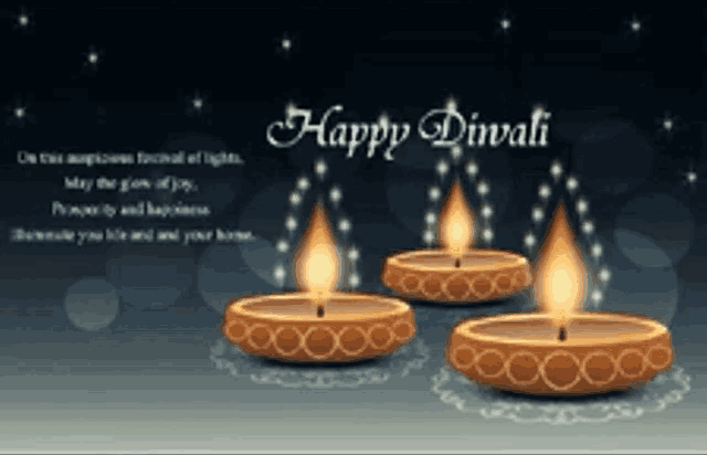 a happy diwali greeting card with three lit candles on a dark background