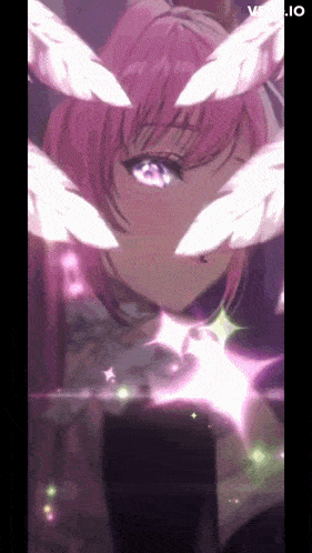a girl with pink hair and white wings is being animated in a video game