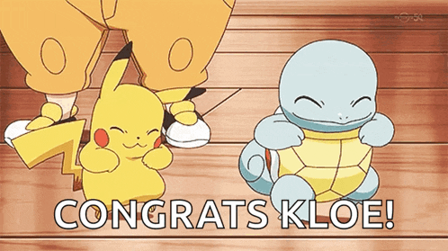 a pikachu and squirtle are on a wooden floor with the words congrats kloe below them