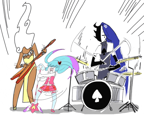 a drawing of a woman playing a guitar and a man playing drums with a spade on the drum