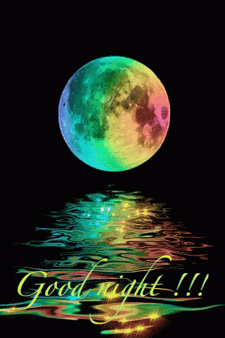 a rainbow full moon is reflected in the water and the words good night are written below it