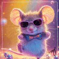 a mouse wearing sunglasses and a bow tie is standing on a table