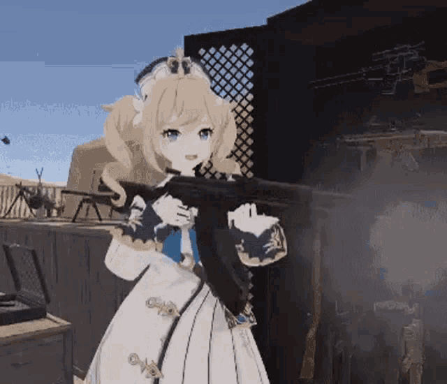 a girl in a dress is holding a gun in her hand in a video game .