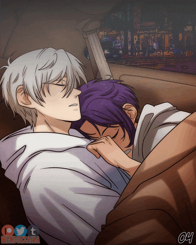 a drawing of a man and woman sleeping in a car with the number 04 in the corner